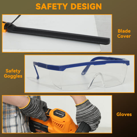 Blue safety goggles with clear lenses and sturdy frame shown with orange outsunny cordless hedge trimmer for shrubs and branches