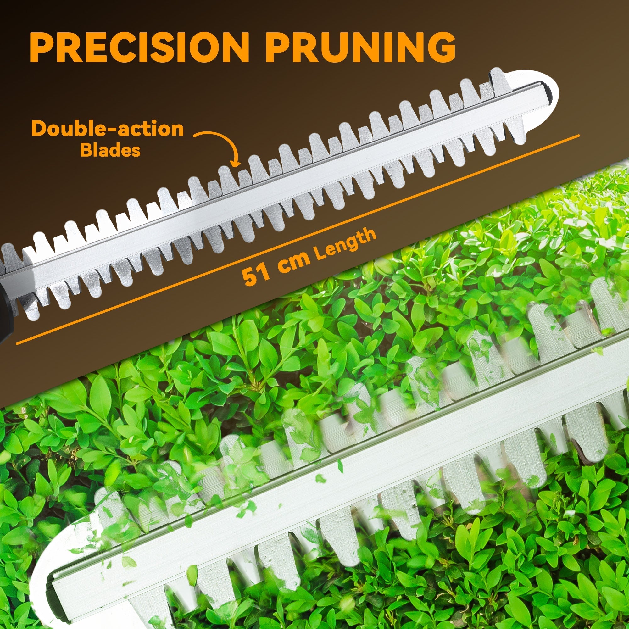 Silver 51 cm cordless hedge trimmer with double-action blades for precise pruning by Outsunny in orange
