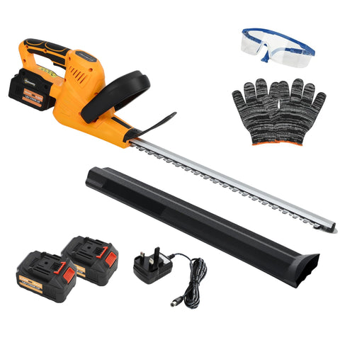 Outsunny cordless hedge trimmer electric cutter with long silver blade yellow and black for branches and shrubs