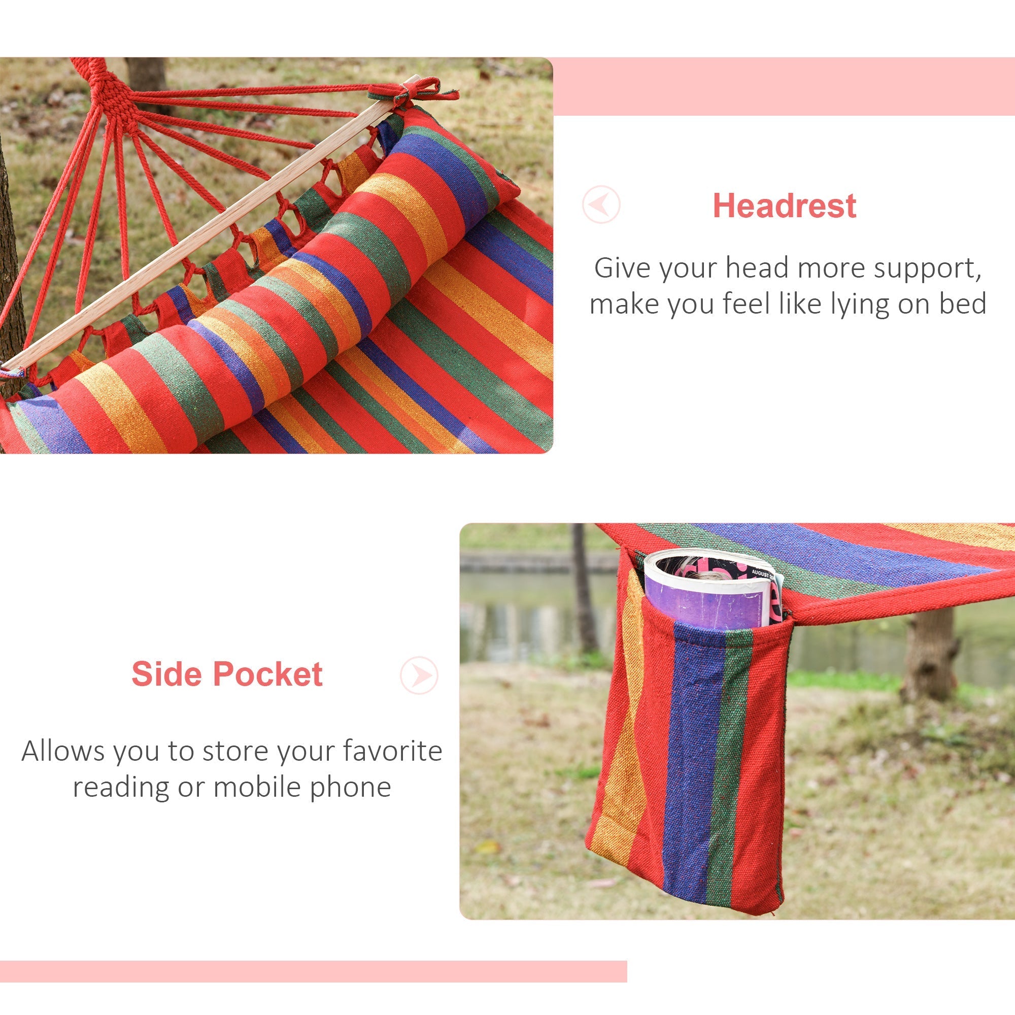 Colorful striped cotton hammock with headrest and side pocket perfect for beach yard patio or indoor use