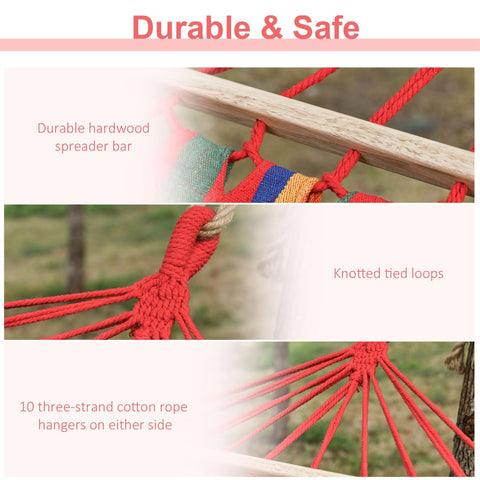 Red macrame hammock with durable hardwood spreader bar and 10 cotton rope hangers for beach yard and patio use