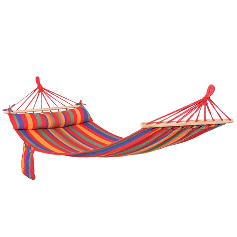 A vibrant multicolored striped outsunny cotton hammock with red rope supports and wooden frames for indoor outdoor use