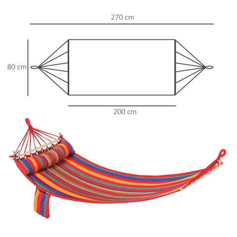 A vibrant multicolored striped outsunny cotton hammock with red rope ends and wooden spreader bars for indoor outdoor use