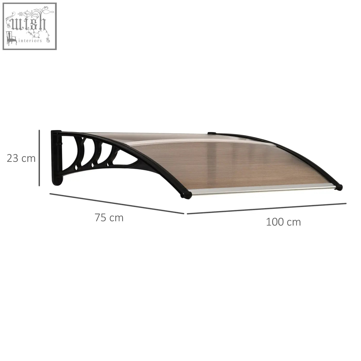 Black-framed outsunny door canopy with beige rigid plastic polycarbonate roof panel and rigid plastic frame for outdoor use
