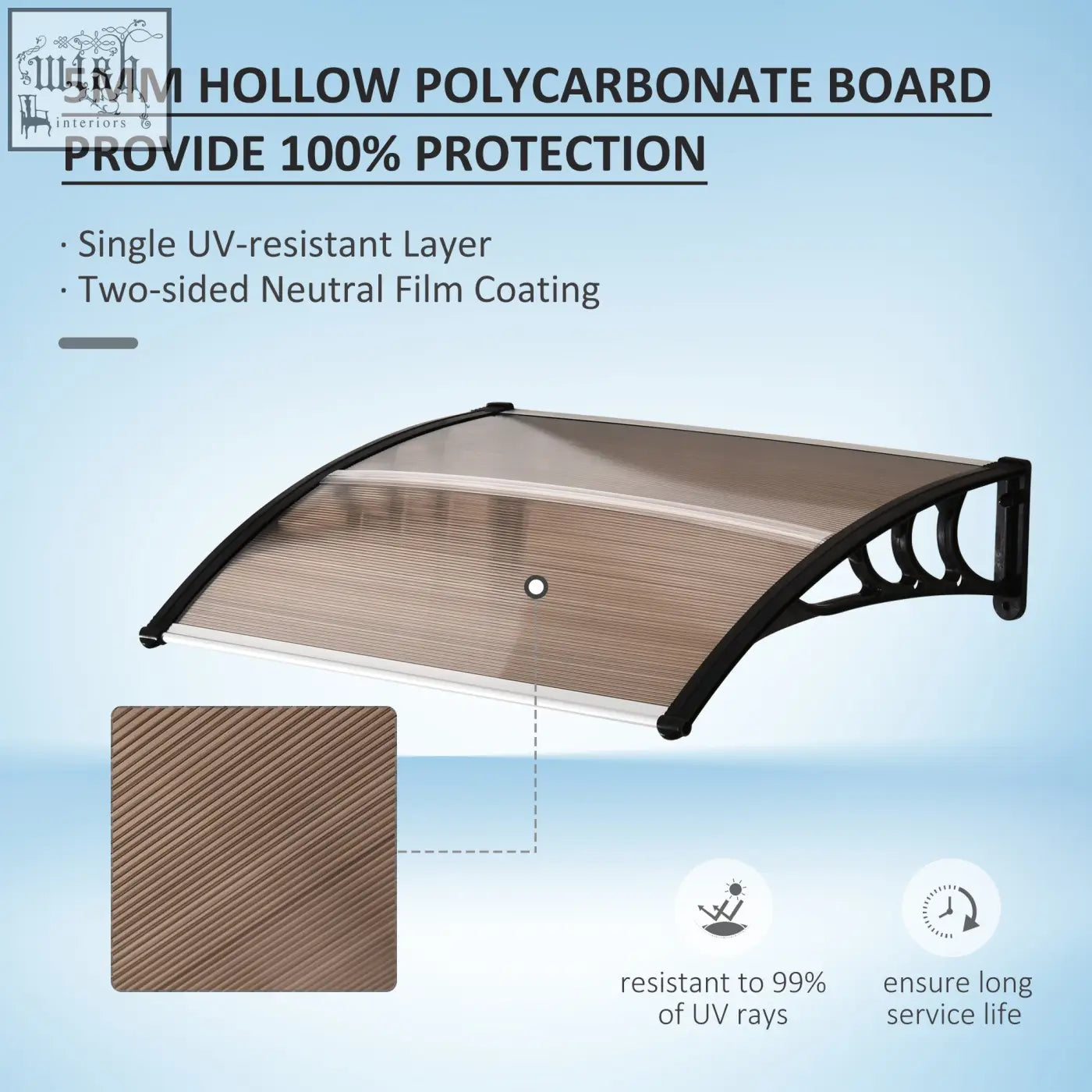 Out sunny curved door canopy with rigid plastic 5mm polycarbonate board and black rigid plastic frame in brown