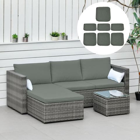Gray woven wicker outdoor sectional sofa with ottoman and coffee table featuring zip fastening cushion cover seat cushions
