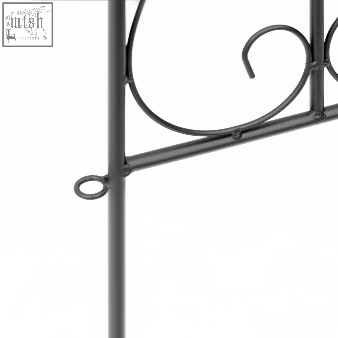 Black wrought iron garden fence with ornate scrollwork hanging loop rustproof metal for patio decoration and flower beds