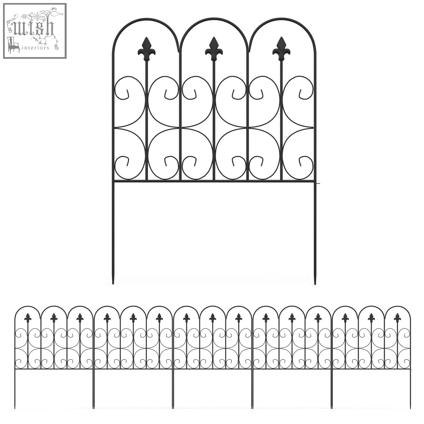 Black wrought iron outsunny garden fence with ornate scrollwork and fleur-de-lis finials for patio decoration and ground edging