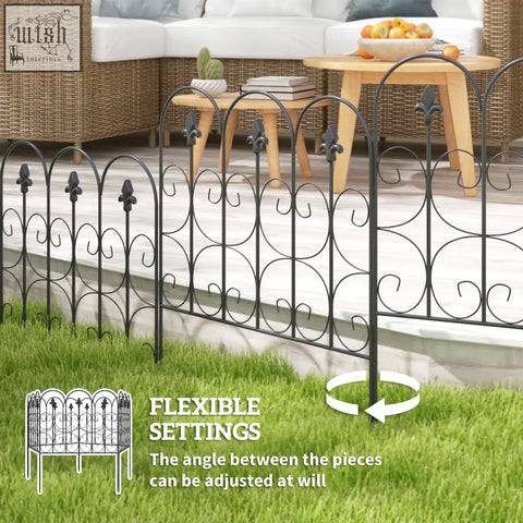 Black wrought iron garden fence with ornate scrollwork and fleur-de-lis finials for patio decoration and garden fence features ground protection