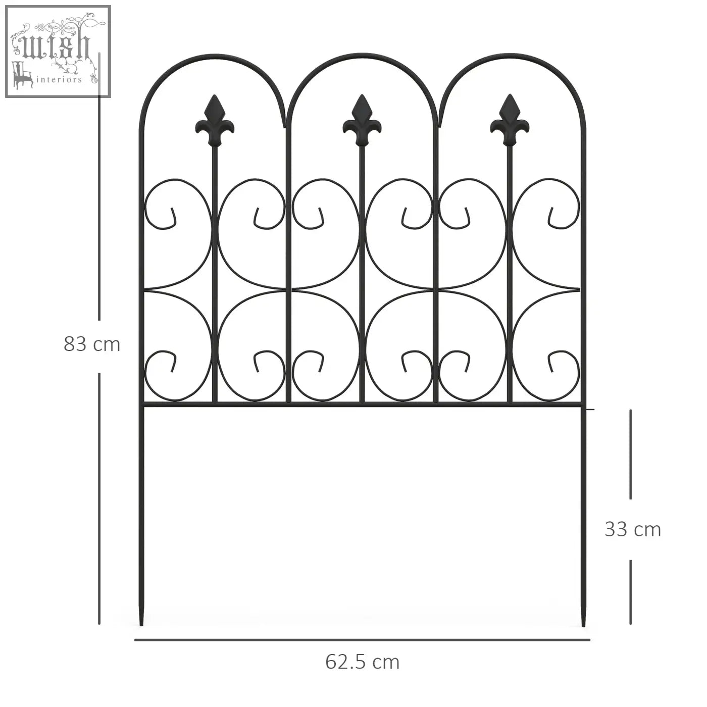 Black wrought iron garden fence with ornate scrollwork and fleur-de-lis finials perfect for patio decoration and ground edging