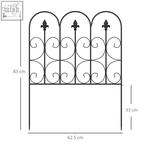 Black wrought iron garden fence with ornate scrollwork and fleur-de-lis finials perfect for patio decoration and ground edging