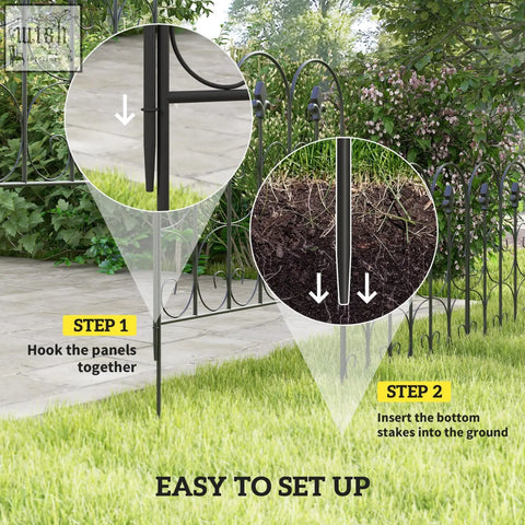Black wrought iron outsunny garden fence with ornate scrollwork and pointed bottom stakes for easy fence features ground insertion