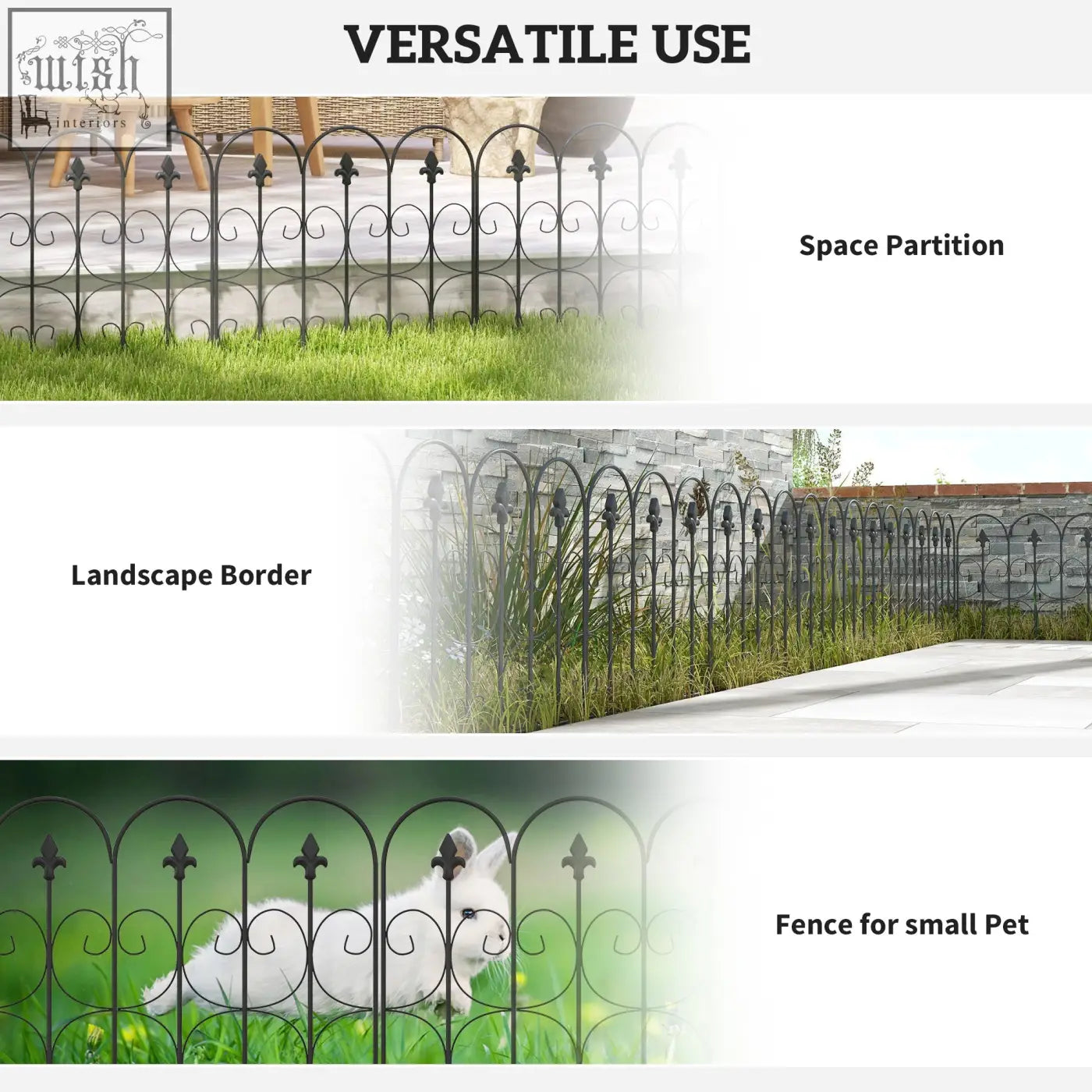 Black wrought iron outsunny garden fence with arched panels and fleur-de-lis finials for patio decoration and ground edging