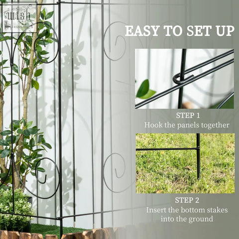 Black wrought iron garden trellis with ornate scrollwork features rustproof powder coating and saxon spears border edging
