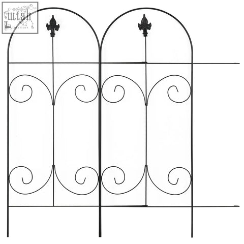 Black wrought iron garden gate with powder coating fleur-de-lis finials and saxon spears for border edging