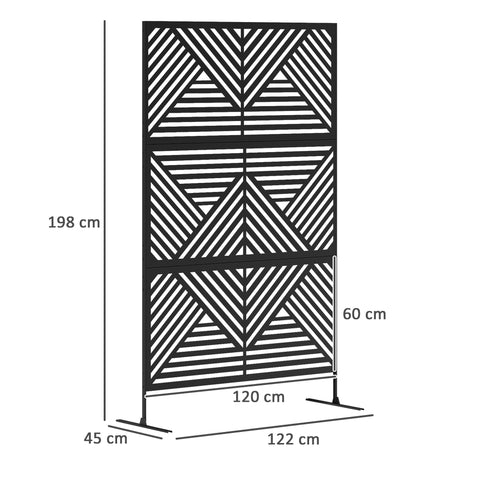 Black metal outdoor privacy screen with geometric triangle pattern, three sections, and expansion screws for garden use