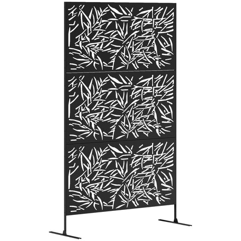 Black metal outdoor privacy screen with stylized leaf pattern and expansion screws for garden or pool use