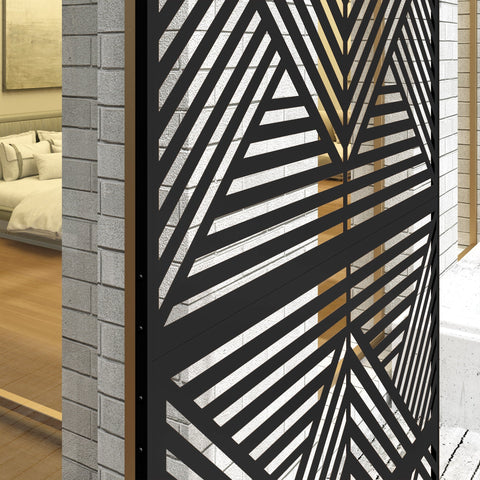 Black metal privacy screen with geometric rhombus pattern and expansion screws for outdoor garden and pool areas
