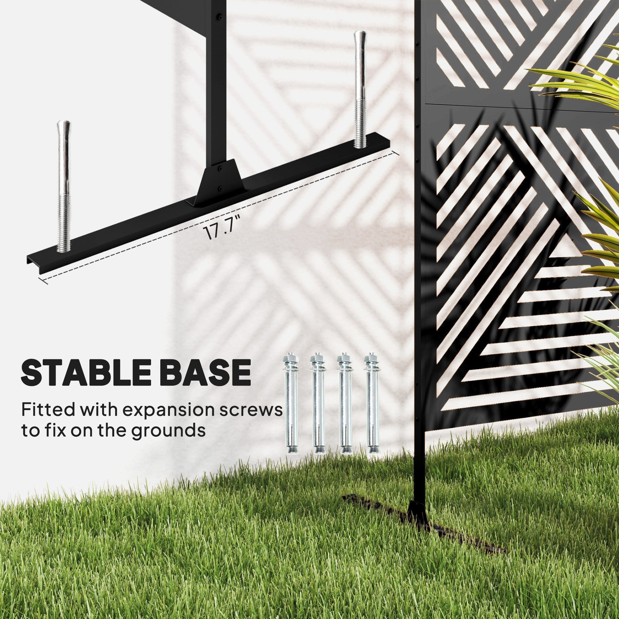 Black metal stable base with expansion screws for ground fixation on outsunny outdoor privacy screen