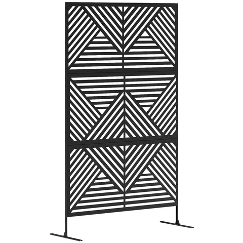 Black metal privacy screen with geometric triangular pattern and expansion screws for outdoor privacy use