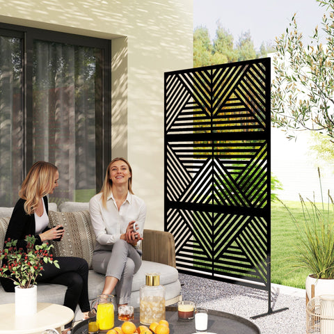 Black geometric metal privacy screen with triangular pattern and expansion screws for outdoor garden use
