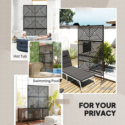 Black metal outdoor privacy screen with geometric lattice design and expansion screws for garden or pool use