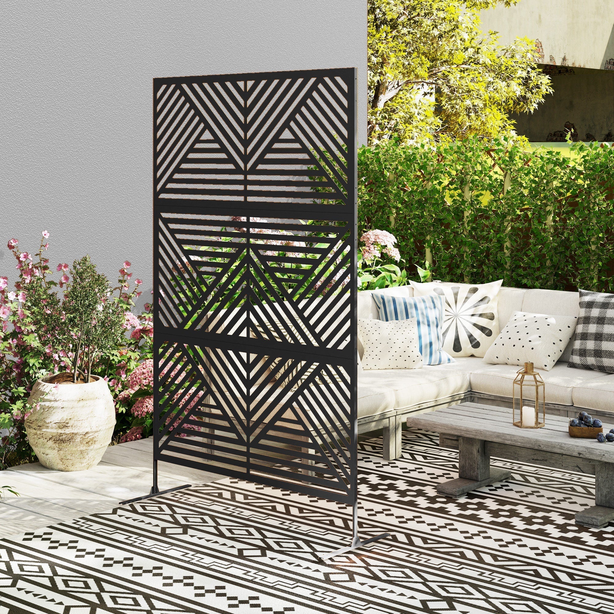 Black metal privacy screen with geometric rhombus pattern freestanding outdoor divider with expansion screws