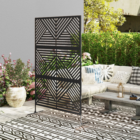 Black metal privacy screen with geometric rhombus pattern freestanding outdoor divider with expansion screws