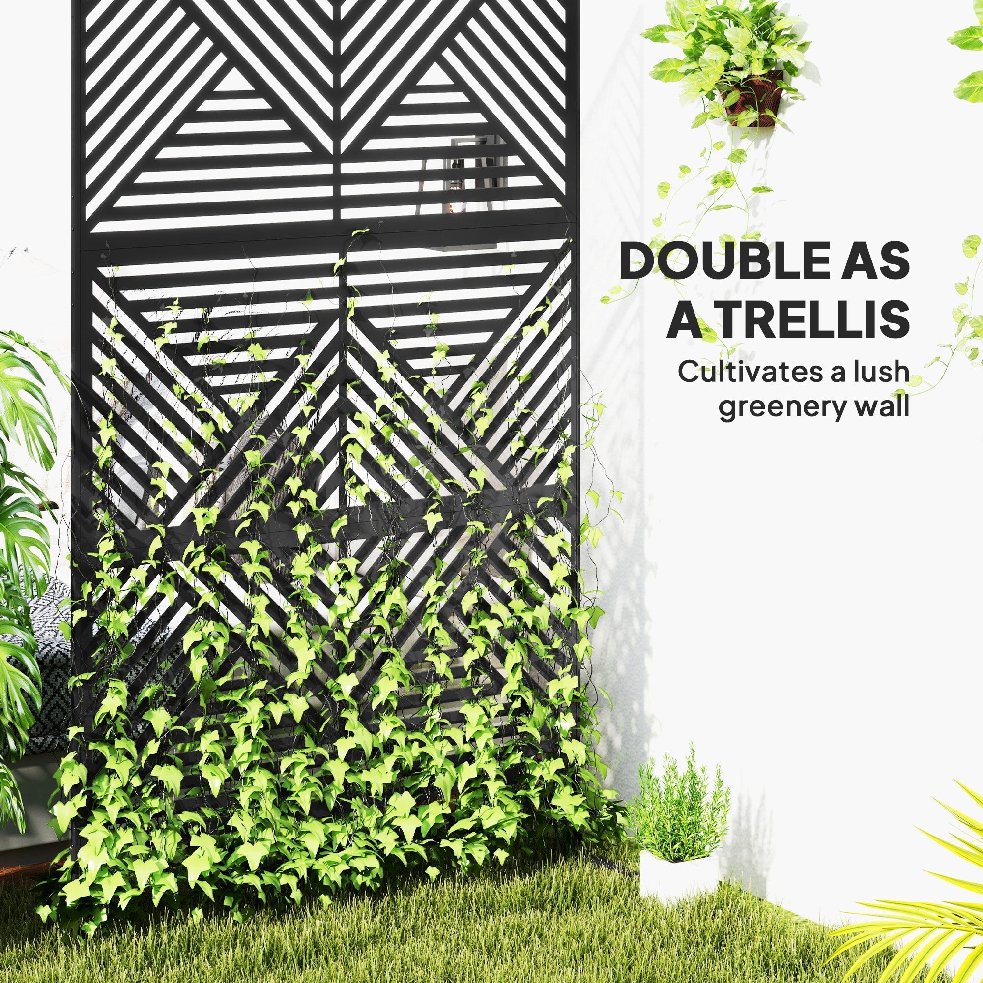 Black geometric metal outdoor privacy screen with diagonal patterns covered in ivy featuring expansion screws