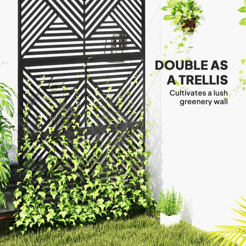 Black geometric metal outdoor privacy screen with diagonal patterns covered in ivy featuring expansion screws