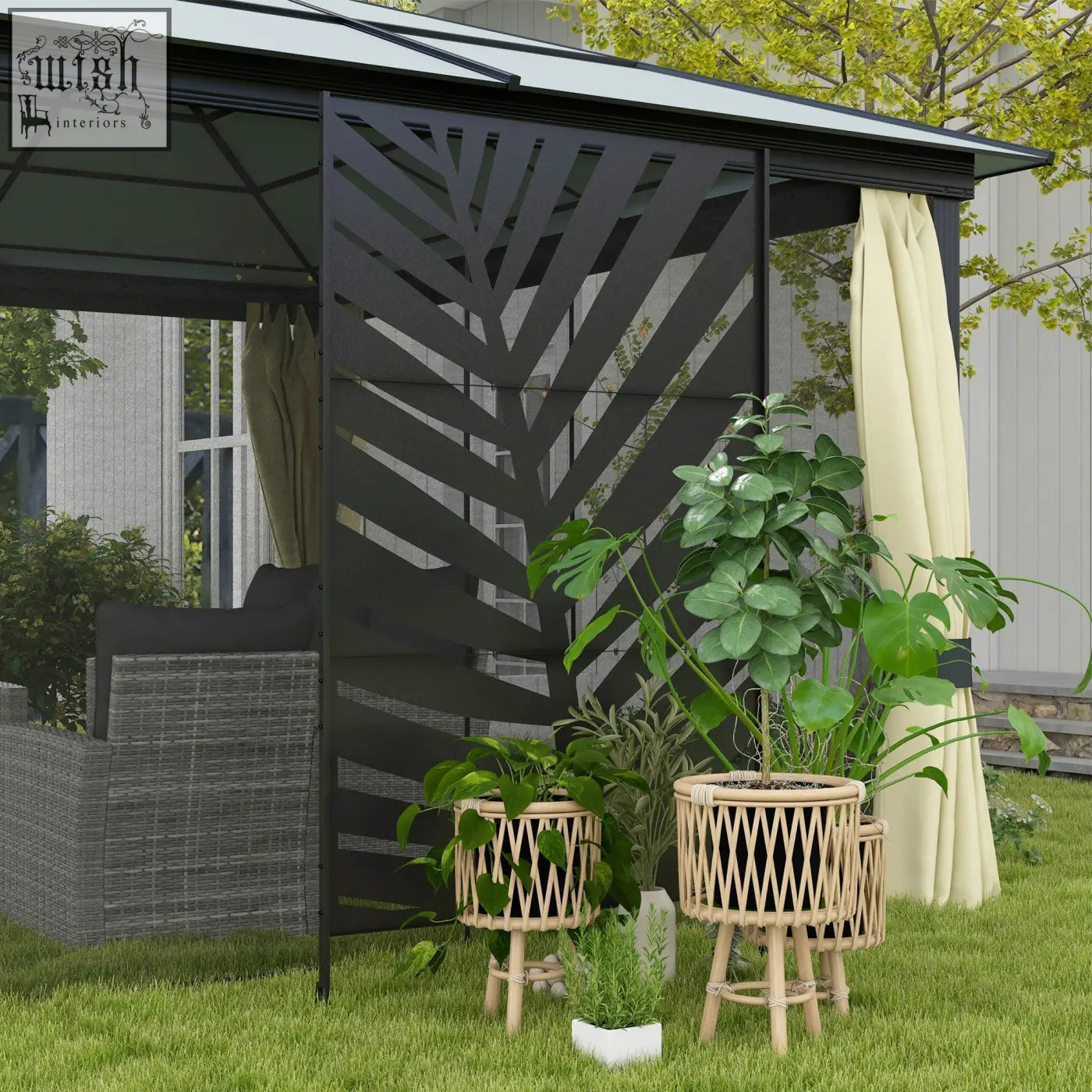 Black metal banana leaf privacy screen with expansion screws freestanding outdoor divider for garden patio