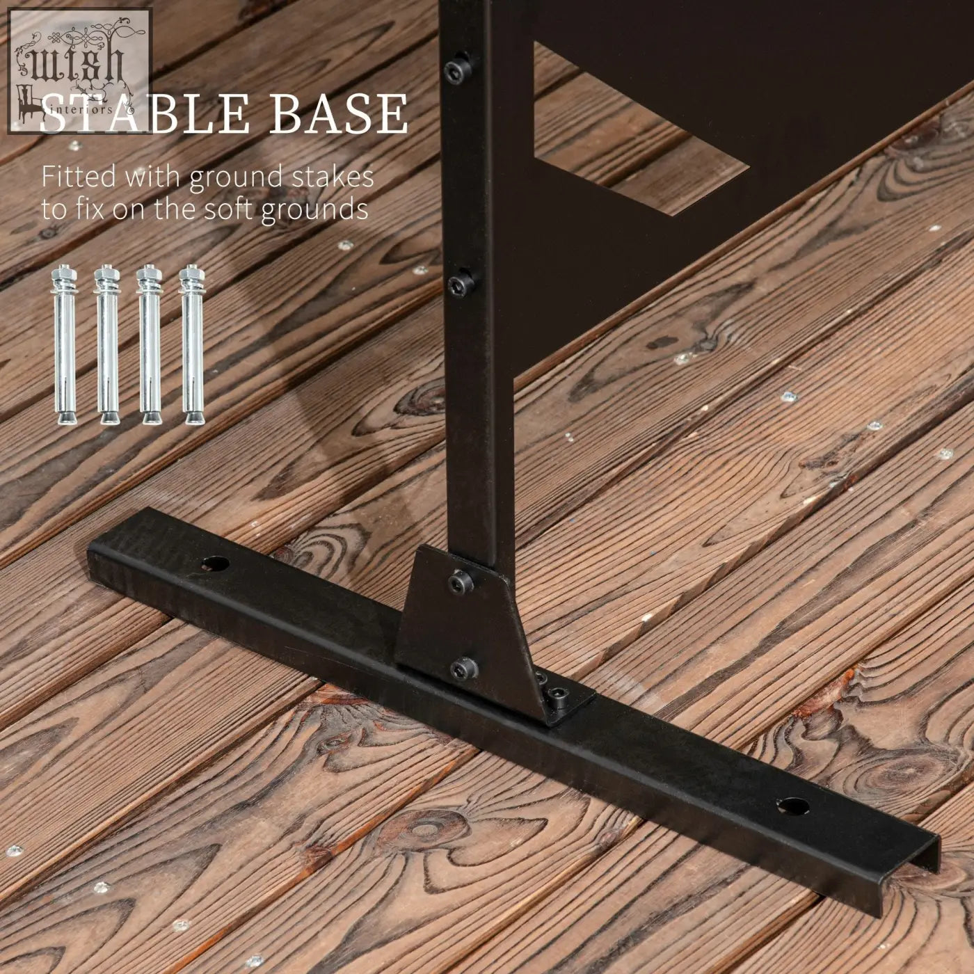 Black metal base with ground stakes for stable outdoor placement of outsunny banana leaf privacy screen with expansion screws