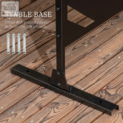 Black metal base with ground stakes for stable outdoor placement of outsunny banana leaf privacy screen with expansion screws