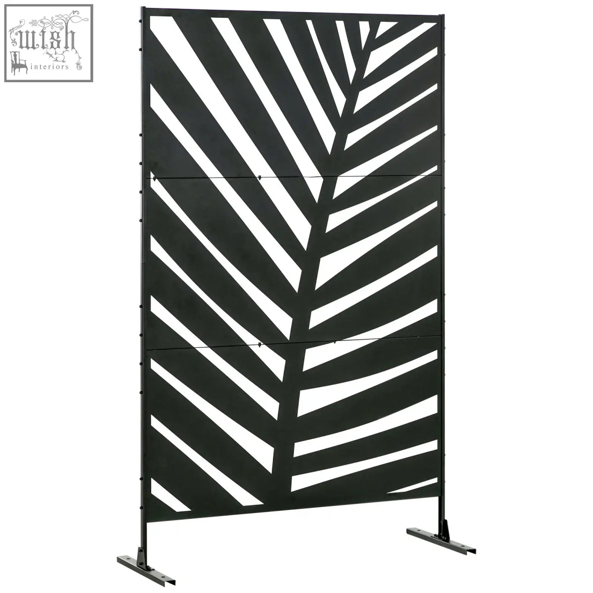 Black outsunny metal privacy screen with banana leaf pattern freestanding with expansion screws for outdoor use