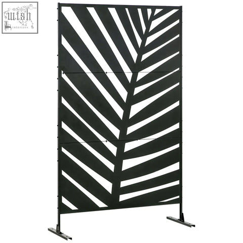 Black outsunny metal privacy screen with banana leaf pattern freestanding with expansion screws for outdoor use