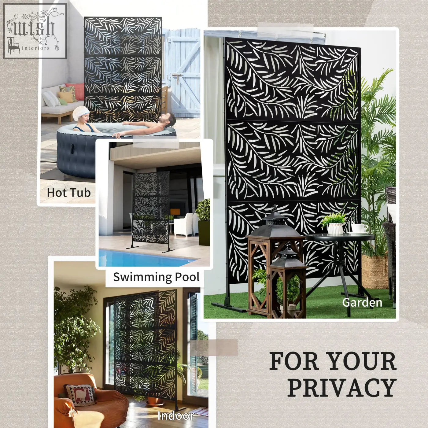 Black metal privacy screen with white willow branch pattern and expansion screws for outdoor garden patio use