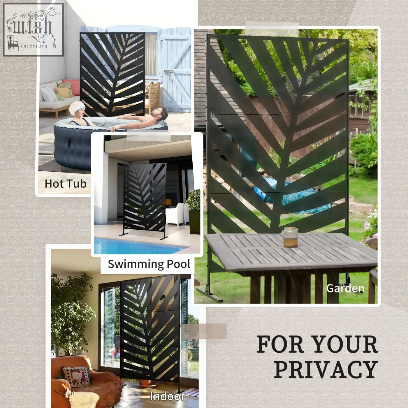 Outsunny black metal privacy screen with banana leaf pattern and expansion screws for garden patio outdoor use