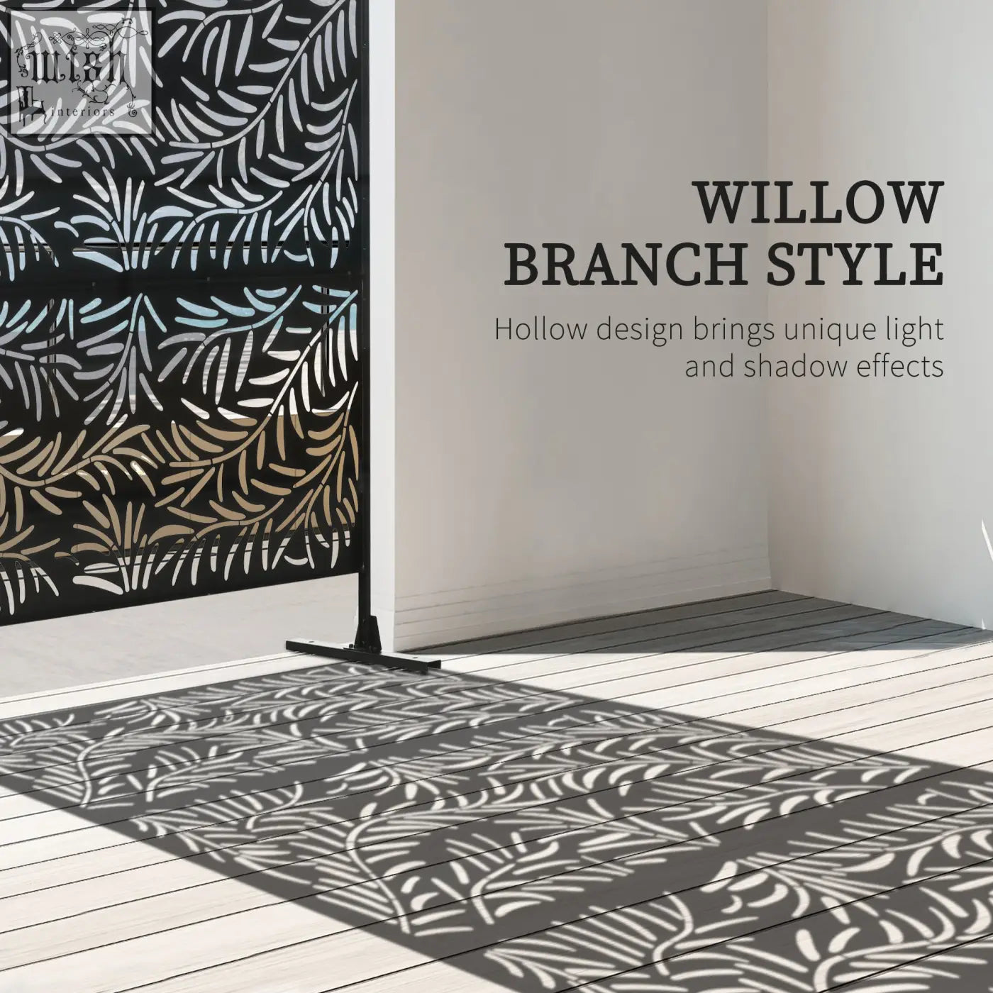 Black metal privacy screen with willow branch design casting leaf patterns, freestanding with expansion screws