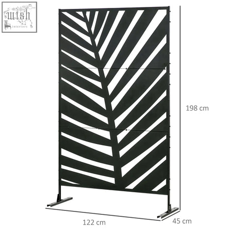 Outsunny black metal privacy screen with banana leaf pattern and expansion screws for freestanding outdoor use
