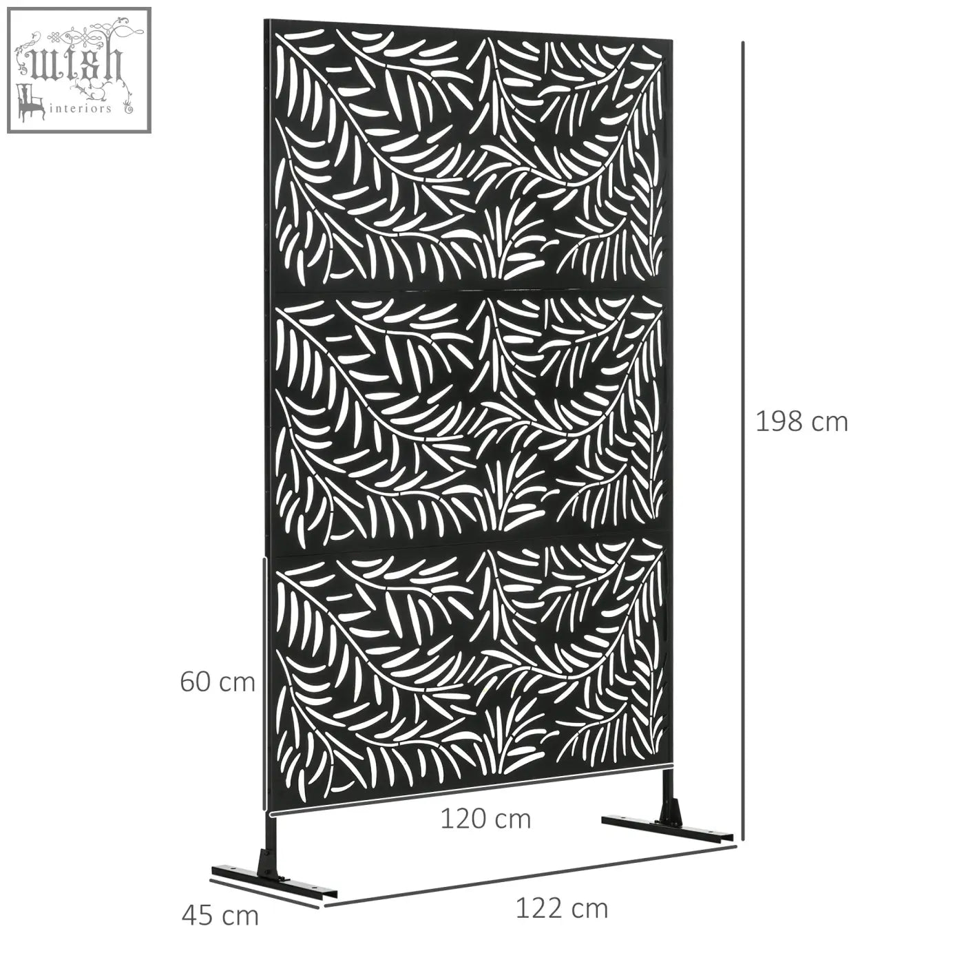 Black metal privacy screen with intricate willow branch pattern and expansion screws for outdoor garden use