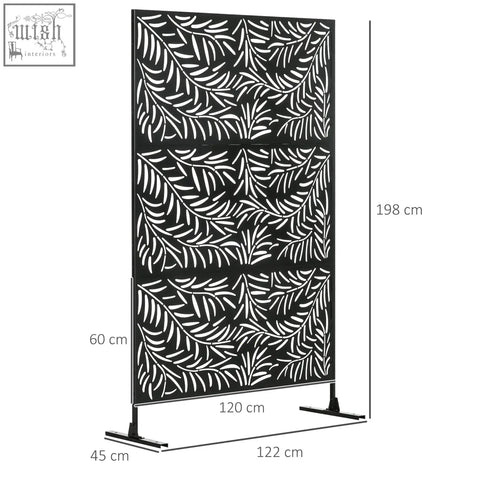 Black metal privacy screen with intricate willow branch pattern and expansion screws for outdoor garden use