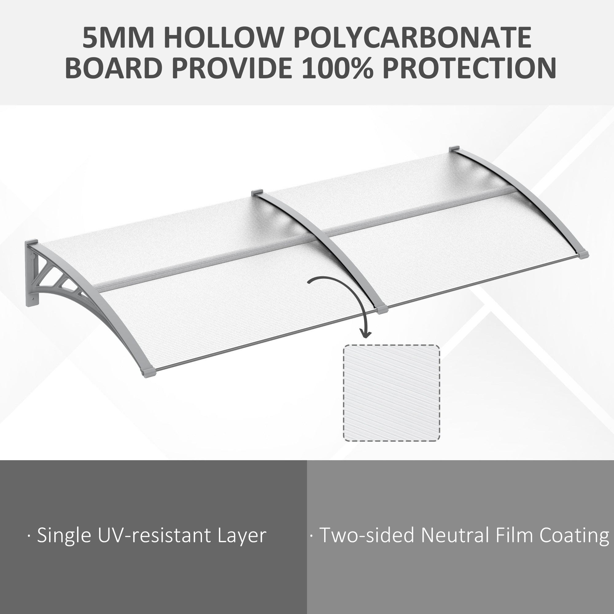 Silver-framed translucent 5mm hollow polycarbonate door canopy awning with uv-resistant coating for outdoor use in light snow