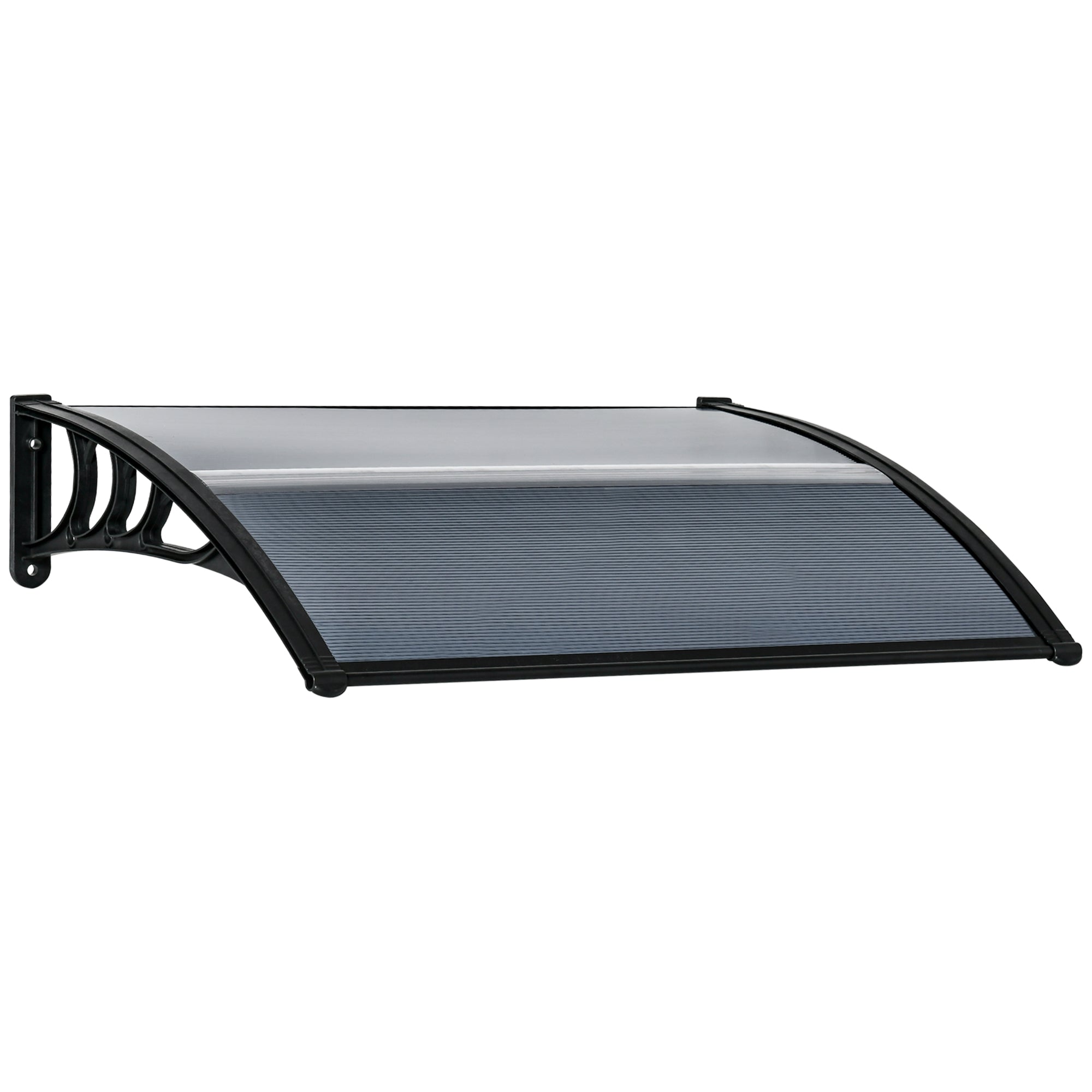Outsunny black plastic door canopy awning with curved translucent top and ribbed panel protects porch from light snow