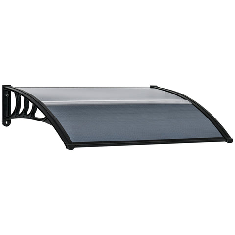 Outsunny black plastic door canopy awning with curved translucent top and ribbed panel protects porch from light snow