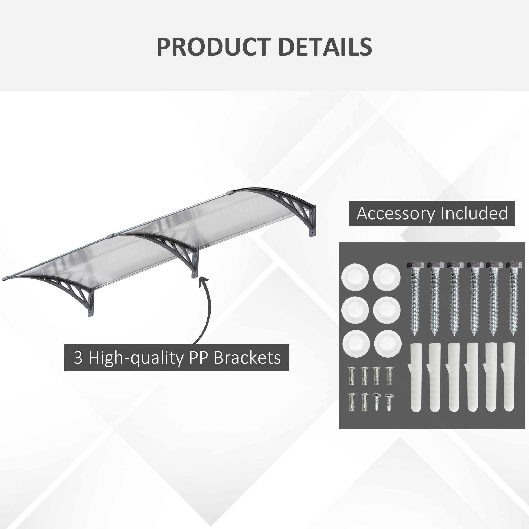 Outsunny clear transparent acrylic door canopy awning with black metal brackets for outdoor porch rain shelter cover