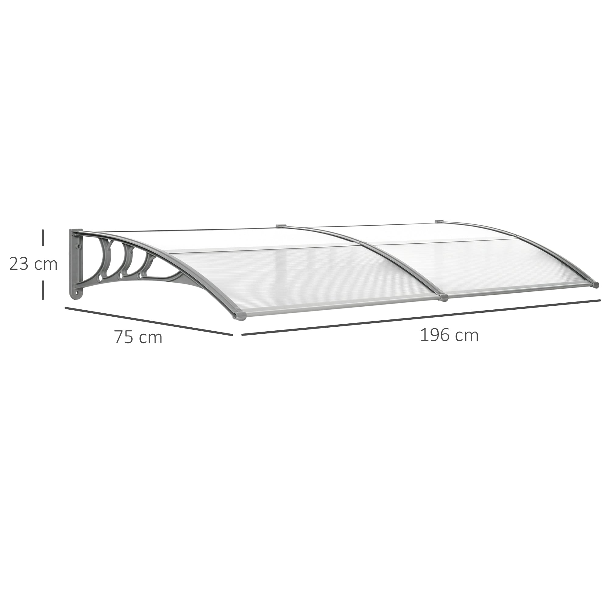 Silver-framed transparent polycarbonate door canopy awning with curved design and decorative brackets for light snow protection