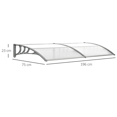 Silver-framed transparent polycarbonate door canopy awning with curved design and decorative brackets for light snow protection