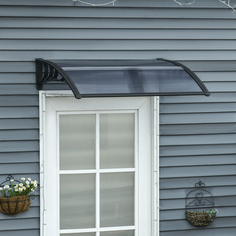 Outsunny black curved door canopy awning with translucent ridged panels provides rain shelter for front or back doors