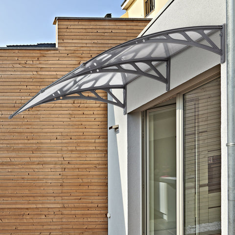 Outsunny gray metal door canopy awning with translucent arched canopy and geometric lattice for porch light snow protection