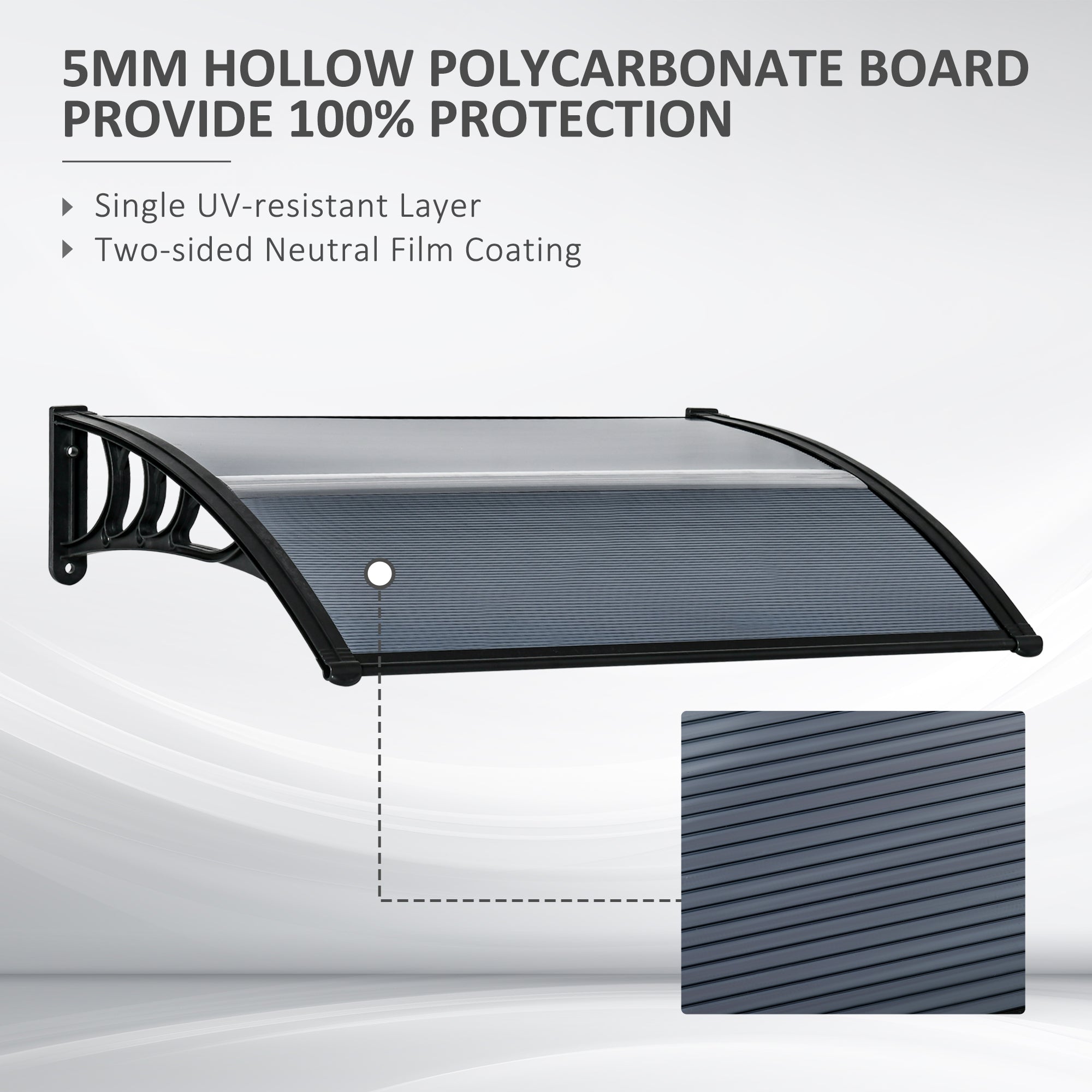 Black 5mm hollow polycarbonate outsunny door canopy awning with ribbed texture and curved frame for outdoor use under light snow